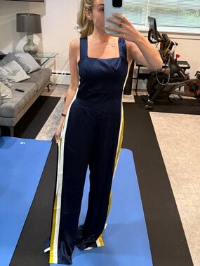 Navy Jumpsuit with Yellow Side Stripe